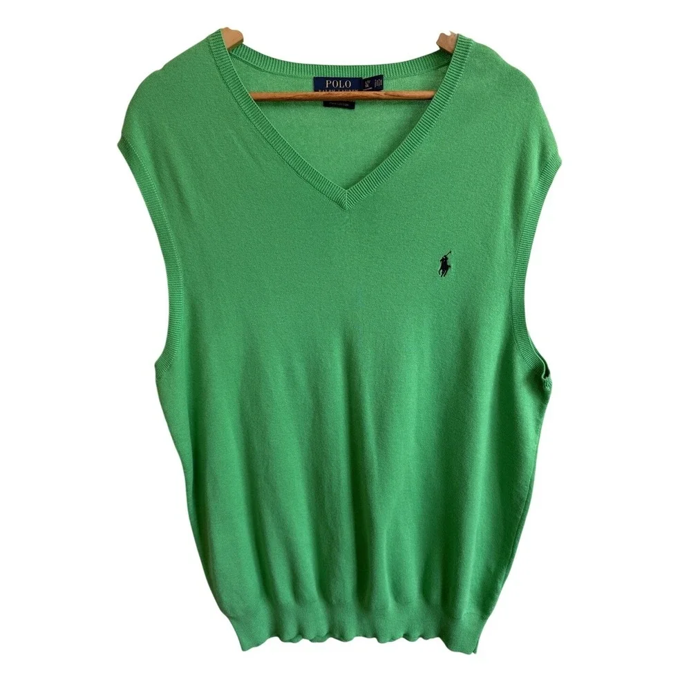 Polo Ralph Lauren V-Neck Pima Cotton Green Sweater Vest Preppy Pony Mens Lg Tall